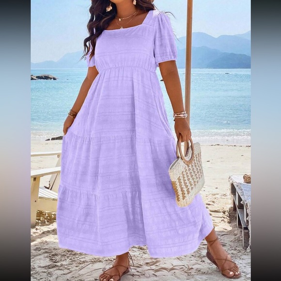Boho plus size comfy square neck puff sleeve ruffle hem maxi dress - Picture 1 of 15